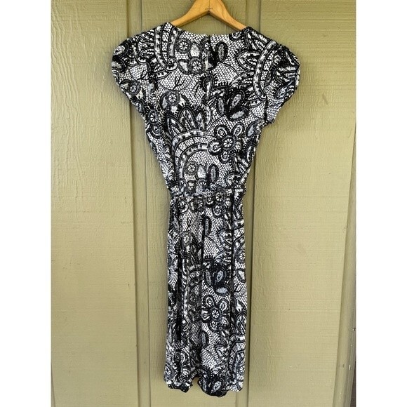 Calvin Klein Black White Dress Lace Print Small Belted Office Work Modest - Picture 7 of 11